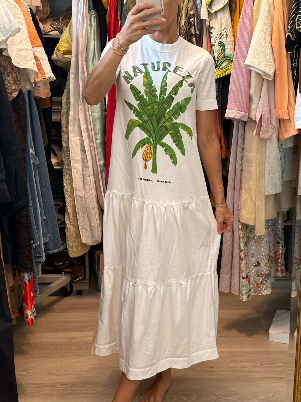 FARM Rio White Maxi Dress with Green Banana Leaf Graphic